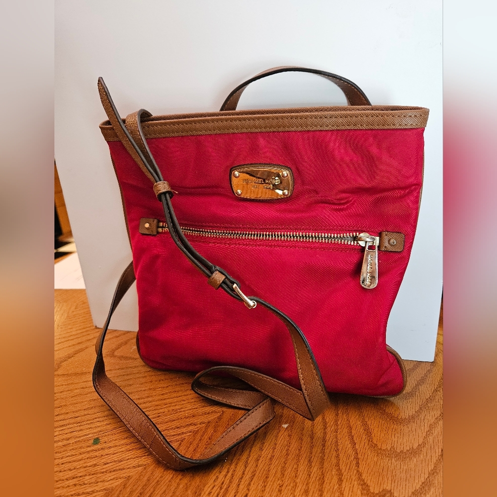 Michael Kors Red Nylon & Brown Slim Crossbody Shoulder Bag Purse Handbag